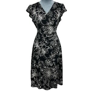 Vintage Y2K Floral Mock Wrap Midi Dress 11/12 Black White Tie Back Empire Waist